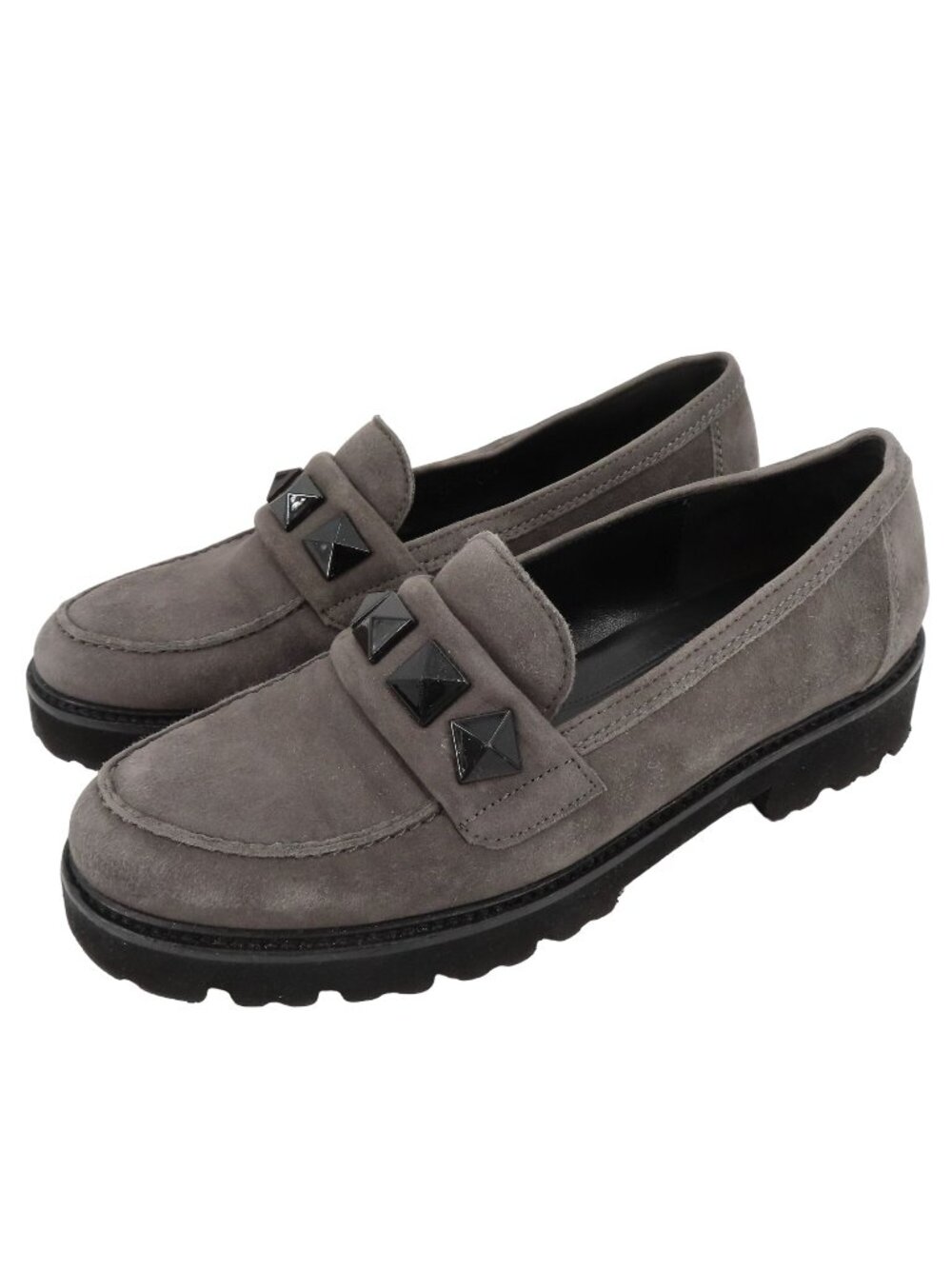 Gabor Womens 6.5 Gray Suede Leather Black Pyramid Stud Chunky Lug Sole Loafers